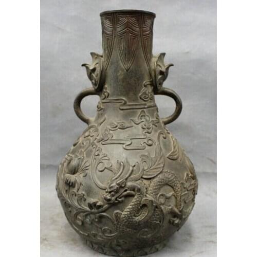 Song voge gem S3097 12" Chinese 100% Pure Bronze Copper Dragon Statue Royal Palace Flower Vase Pot