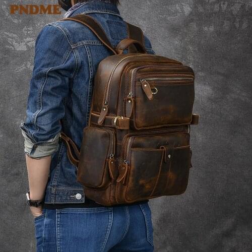 PNDME fashion vintage crazy horse cowhide mens outdoor travel backpack luxury genuine leather large capacity laptop bagpack