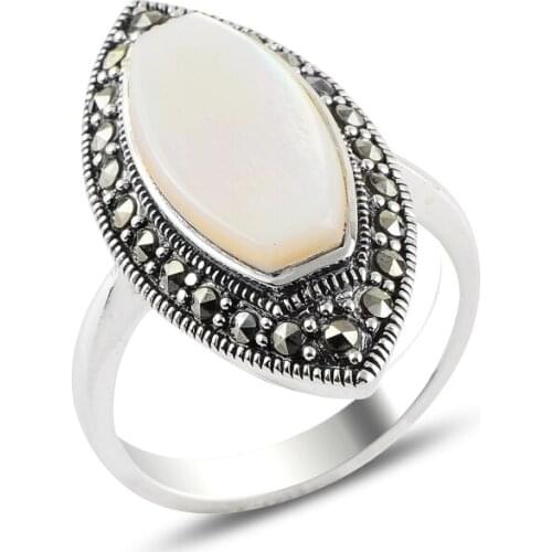 Silver 925 Sterling Pearl & Marcasite Ring