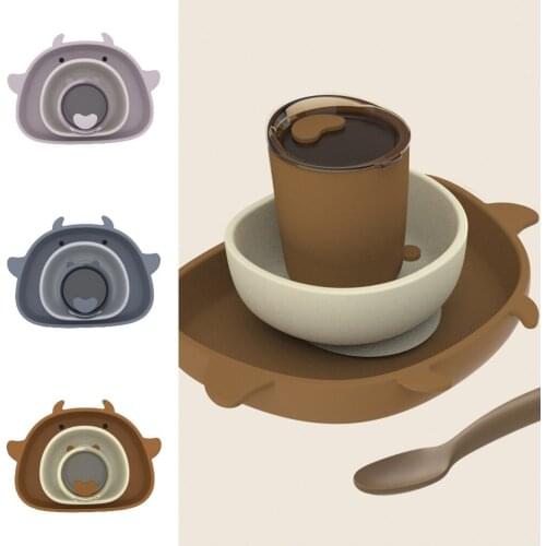 Toddler Silicone Fruit Plate Eating Training Bowl Straw Tea Drinking Cup Spoon Baby Cartoon Silicone Tableware Set Feeding Tools