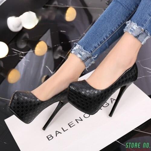 Pumps women shoes black Woven lattice platform high heels shoes woman high heel pu leather shoes women