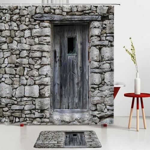 Vintage Wooden Door Bathroom Sets Shower Curtains Bath Mats Entrance Door Mats Town Scenery Room Decoration Rugs Non-Slip Carpet