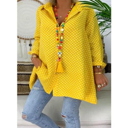 Spring and Summer New Polka Dot Print Large Size Shirt Turn-down Collar Long Sleeve Tops Pink Yellow Green Women Blouse