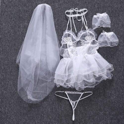 Women Erotic Bride Uniform Lingerie Halter See Through Lace Corset Bustier Tutu Skirt with Wedding Veil Babydoll Nightwear