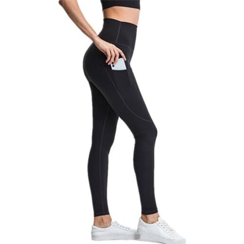 Women New Yoga Pants Side Pockets High Waist Tight Nude Fitness Leggings Stretch Quick-Drying Nine-Point Running Cycling Legging