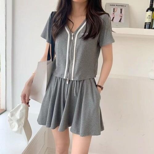 Set Woman 2 Pieces Sports Leisure Suit Summer New Design Double-Head Zipper Top A-Line Skirt Pants Loose Slimming Tracksuit Gym