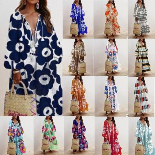Long Dress Women New Print Floral V Neck Full Sleeve Loose Plus Maxi Size Beach Bohemia Sexy Beach Party Home Summer Vestidos