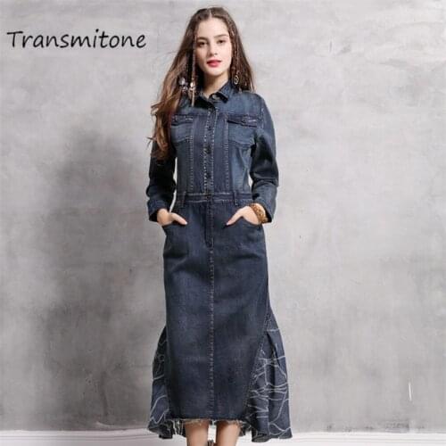 Women Denim Dress 2019 Autumn Vintage Women Dresses With Pockets Turn-down Collar Vintage Denim Patchwork Mermaid Long Vestidos