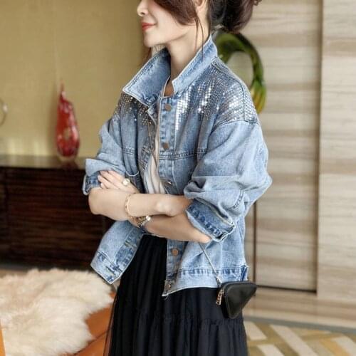 Spring Clothes 2021 New Korean Fashion Female Sequin Short Womens Single Breasted Loose Lapel Blue Cowboy Coat Jaqueta Jeans
