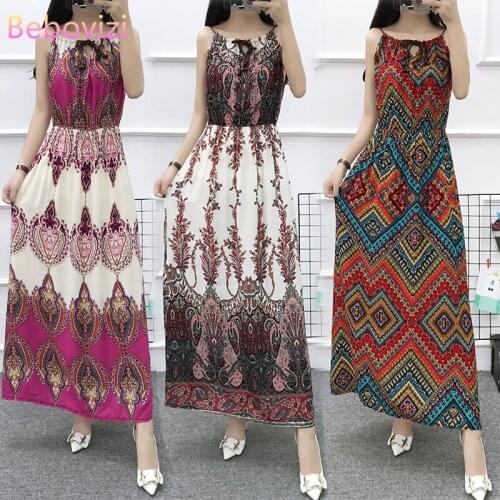 2021 New Fashion Summer Sling Beach Bohemian A-Line High Waist Chiffon Long Dress for Women Retro Boho Clothes