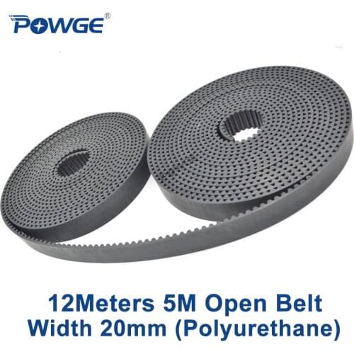 POWGE Arc Tooth 12Meters HTD 5M Open Timing belt 5M-20mm PU Black Width 20mm Polyurethane steel 20HTD5M Synchronous Belt gear