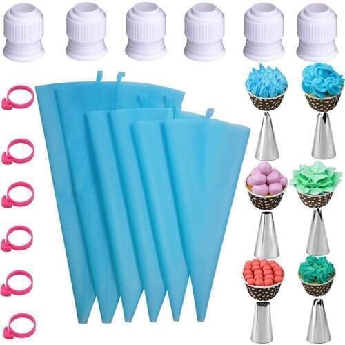 24Pcs Piping Nozzle Bags Tips Set Stainless Steel Cake Decorating Kits Baking Reusable Silicone Pastry Bags DIY Frosting