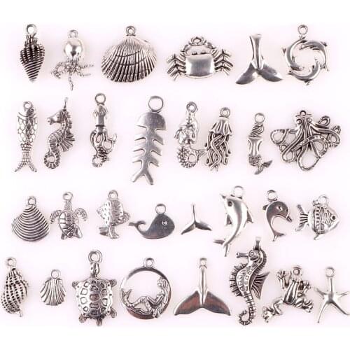 30PCS Alloy Mixed Ocean Animal Shell Fish Charms Antique Silver Jewelry Making Pendant Findings Accessory 23551