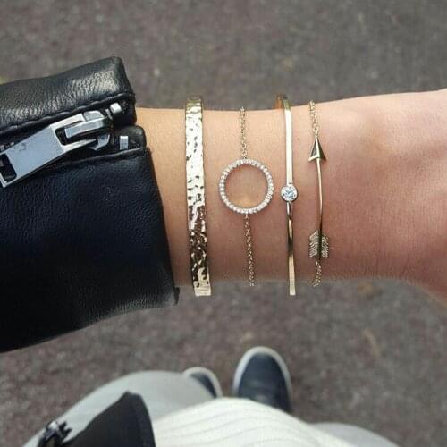 4 Pcs/Set Women Punk Gold Circle Crystal Arrow Irregular Geometric Chain Bracelet Set Charm Beach Jewelry Accessories