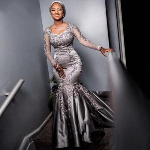 Aso Ebi Prom Dresses sukienki koktajlowe Silver Evening Dresses Appliques vestido de fiesta Illusion Elegant Mermaid Party Dress