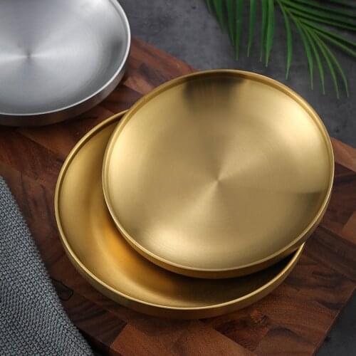 Double Insulation 304 Stainless Steel Plate Korean Golden Round Dinner Plate Tabletop Flat Fruit Snack Tray