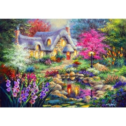 5D Diy Painting With Diamonds Embroidery Diamond Painting Cottage Pond Flowers Moasic Picture Canvas Wall Art Home Decor