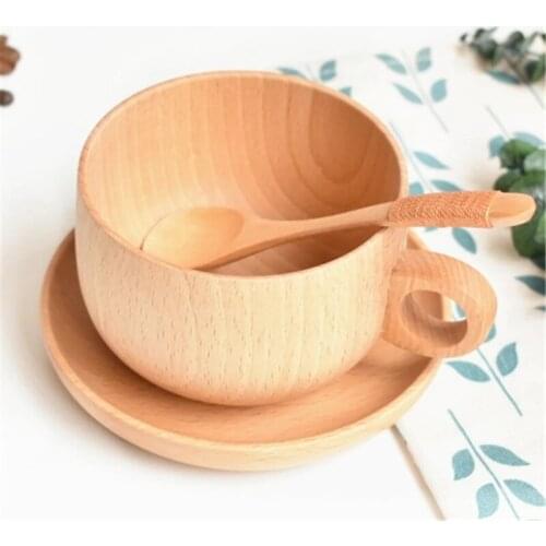Beech wood coffee cup 3PCS solid wooden Cup Plate Coaster with handle Wood Coffee Tea Mug Beer Watter Bottle Cup Spoon