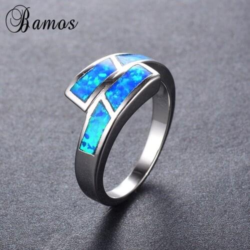 Bamos Geometric Style Blue Fire Opal Rings For Female Male White Gold Filled Wedding Party Cocktail Ring Birthday Gift RP0085