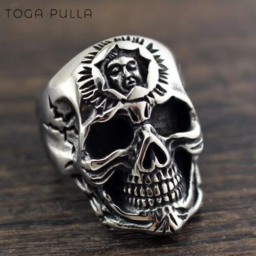 Vintage Buddha Skeleton Ring Men Boys 316L Stainless Steel Punk Skull Biker Rings Male Gothic Buddha Head Skull Jewelry