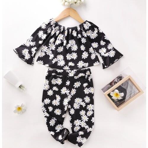 New Fashion Girls Outfits 2 Pcs Set Flower Daisy Print Long Flare Sleeve Tops+trousers Spring Fall Toddler Girl Clothes Set 1-6Y