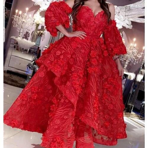 Red prom dresses 2020 vestidos de gala sweetheart neckline hand made flowers long sleeve evening dresses gowns