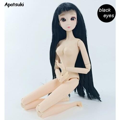 11.5" Doll Nude Naked Body 28 Jointed Movable Body With Head Black Straight Fringe WIG Hair Pretty Eyes for 1/6 BJD Kids Toys