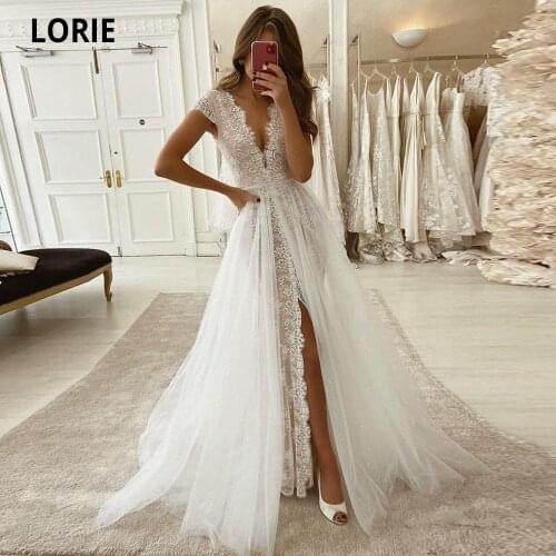 LORIE Lace Mermaid Wedding Dresses with Train Deep Cap Sleeve V neck Boho Bridal Gowns Plus Size Vintage Wedding Gowns High Slit