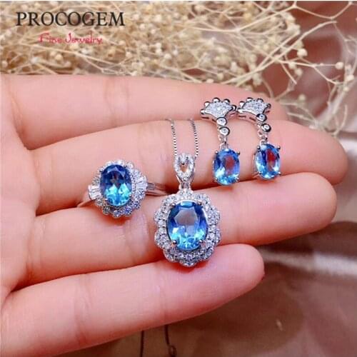 Trendy Natural Blue Topaz Jewelry sets for Women Party Mothers Day gifts Necklace Ring Earrings Real gems 925 Solid Silver #618
