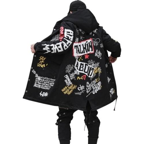 Winter Mens New Parkas Jacket Graffiti Print Hooded Cotton Wadded Coats High Street Hip Hop Long padded Thick Outerwear