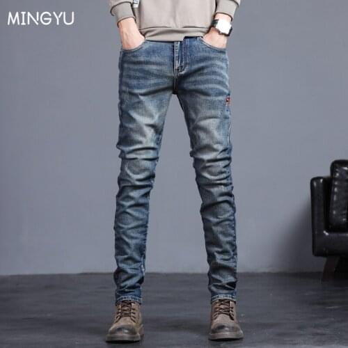 2021 New Spring Autumn Mens Jeans Vintage blue Solid color Elastic Classic Jeans Men Slim Fashion Denim Trousers Male 27-36