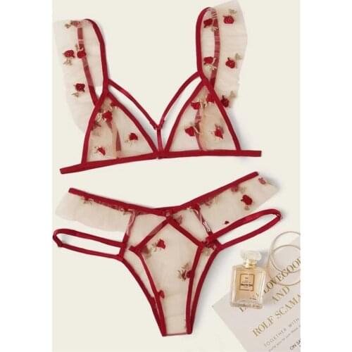 Underwear Sexy See-through Lace Red Flowers Mesh Two-piece Suit Lingerie Set Femme Panties Bra & Brief Sets Transparent