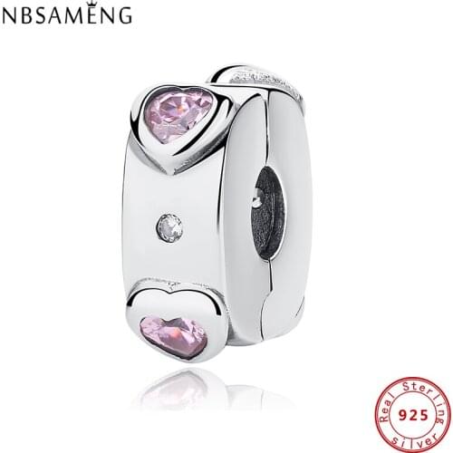 New 2020 Original 100% 925 Sterling Silver Charm Bead Arcs of Love Clip Charms Pink CZ Heart Fit Bracelets Diy Women Jewelry