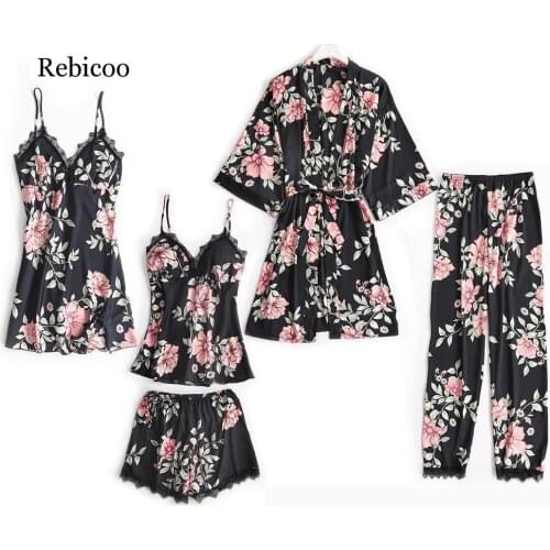 New Women Satin 5PCS Sleepwear Spring Lace Trim Pajama Pyjama Set Print Floral Nightwear Casual Home Wear Lingerie Suit M-XXL