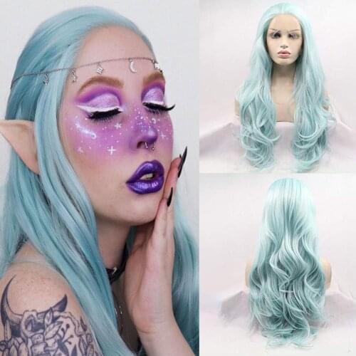 Synthetic Lace Front Wigs for Women Long Wavy Hair Wig with Baby Ice Blue Synthetic Hair Full Density Natural Hairline Lace Wig