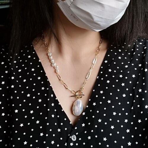 Freshwater pearl white reborn keshi drop baroque +14k plated chain pendant necklace wholesale for women xmas gift