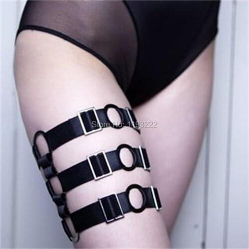 Adjustable Punk Rock Cosplay Heavy Metal Handmade Nylon Elastic Three Row Thigh High Leg Garter Belts loops