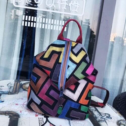 Fashion Contrast Color Design Genuine Leather Women Backpack Bag Geometric Patchwork Cowhide Backpack Women Travel Backpacks