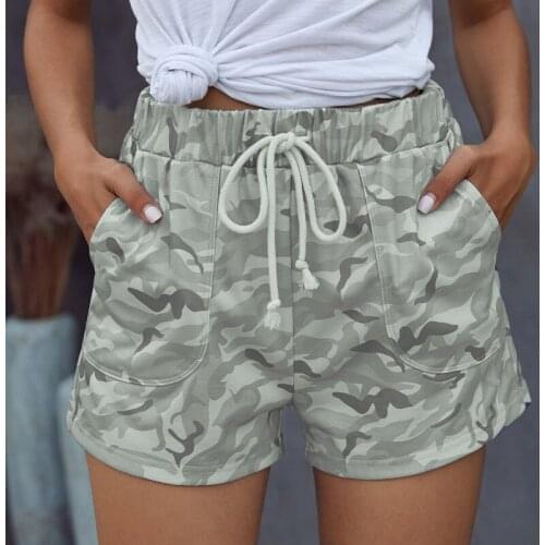 IMucci Women Fashion Loose Cotton Blend Shorts Mid Drawstring Waist Pockets Camouflage Print