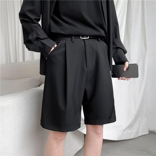 Mens Shorts Straight Fit Knee-Length Suit Pant Solid Beige Black Summer Clothing Student Thin Loose Casual Mens Shorts