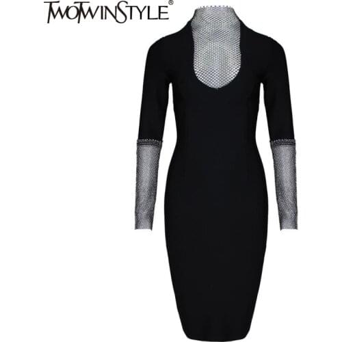 TWOTWINSTYLE Sexy Party Dress For Women V Neck Long Sleeve High Waist Patchwork Diamonds Solid Knee Length Dresses Females 2021