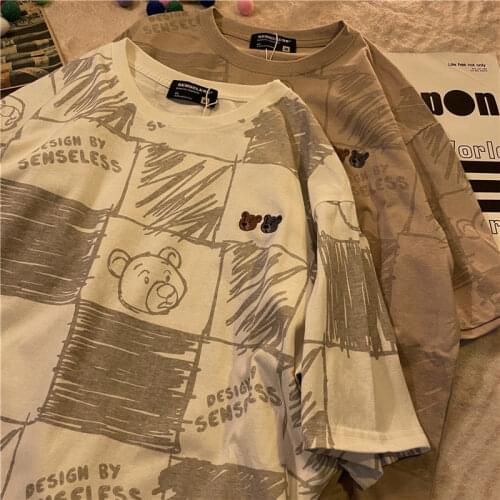 Summer 2021 New Korean Style T shirt Women Loose Casual Plaid Bear Printed Short Sleeve Tshirt Female Student Vintage Couple Top