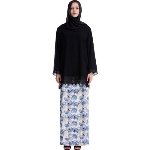 Women Muslim Sets Arab Solid Color Crew Neck Long Sleeves Lace Top Thobe Abaya Printing Skirt Two Pieces Suits Ethnic Sets Wear