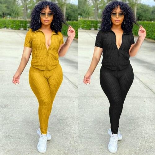 Women Two Piece Outfits 2021 Tracksuit Short Sleeve Turn-down Collar Zipper Top and Long Skinny Pants Scrunch Butt Casual Suits