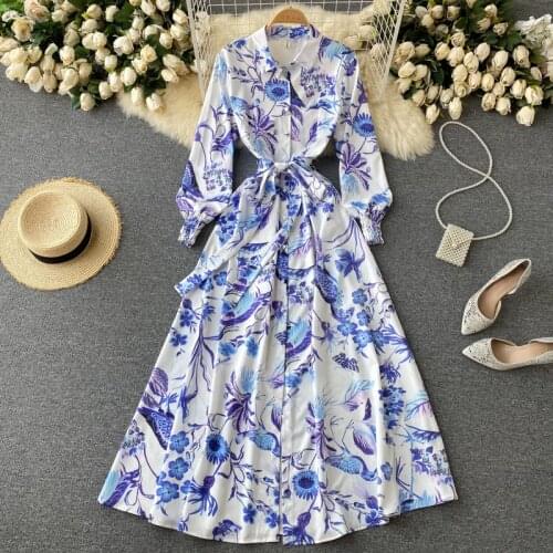 Runway Autumn Vintage Long Sleeve Print Floral High Waist Elegant Boho A-line Party Maxi Dresses Women 2021 New Fashion Robes