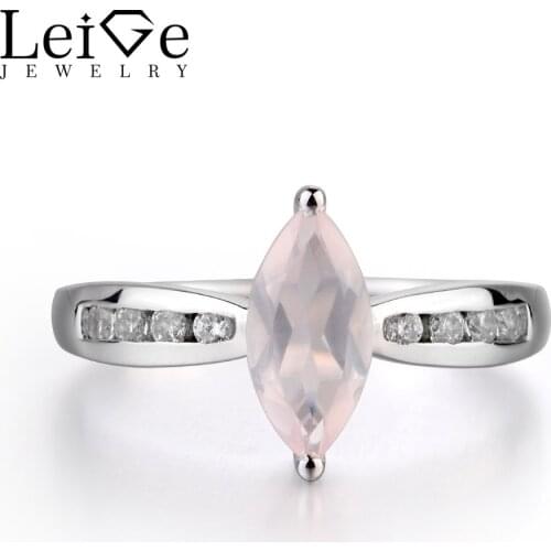 Leige Jewelry Engagement Ring Natural Pink Quartz Ring Marquise Cut Pink Gemstone Real 925 Sterling Silver Romantic Classic Gift