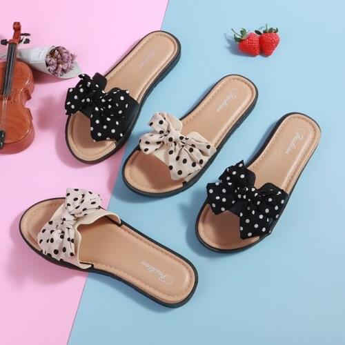 2021 Summer Sandals Women Fashion Vintage Polka Dot Bow Flat Slipper Girls Casual Outdoor Non-Slip Beach Slippers