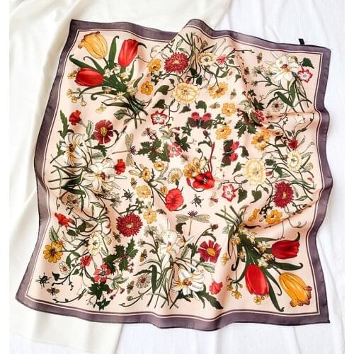 2021 Women Fashion Garden Floral Square Silk Shawl Scarf Lady Print Soft Wraps Luxury Brand Sjaal Bufandas Muslim Hijab 70*70Cm