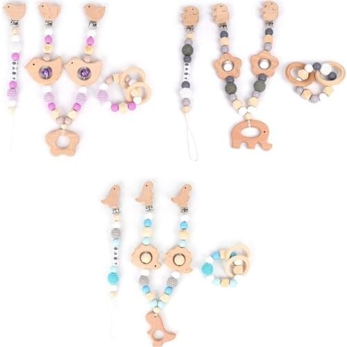 3 Pcs/Set Baby Pram Pendant Rattle Pacifier Chain Clip Wooden Bracelet Teether Dropship