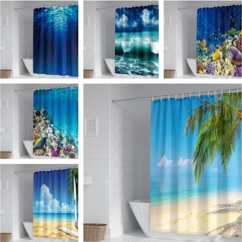 3D Summer Beach Realistic Pattern Shower Curtain Waterproof Fabric Machine Washable with Hook Accessories Shower Curtain